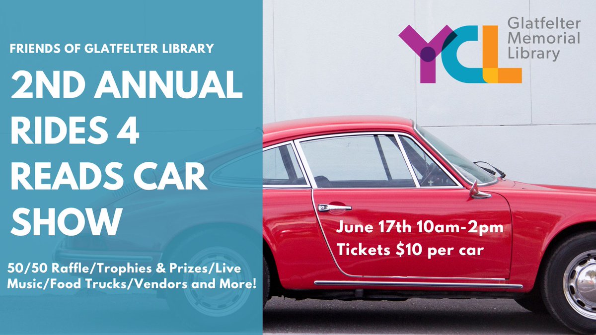 Registration starts at 9am. First 30 receive a free t-shirt! #CarShow #Rides4Reads #FathersDayWeekend #FoodTrucks #Prizes #Raffle Thanks to sponsors <a href="/Sheetz/">SHEETZ</a> Julie Givens <a href="/StateFarm/">State Farm</a>