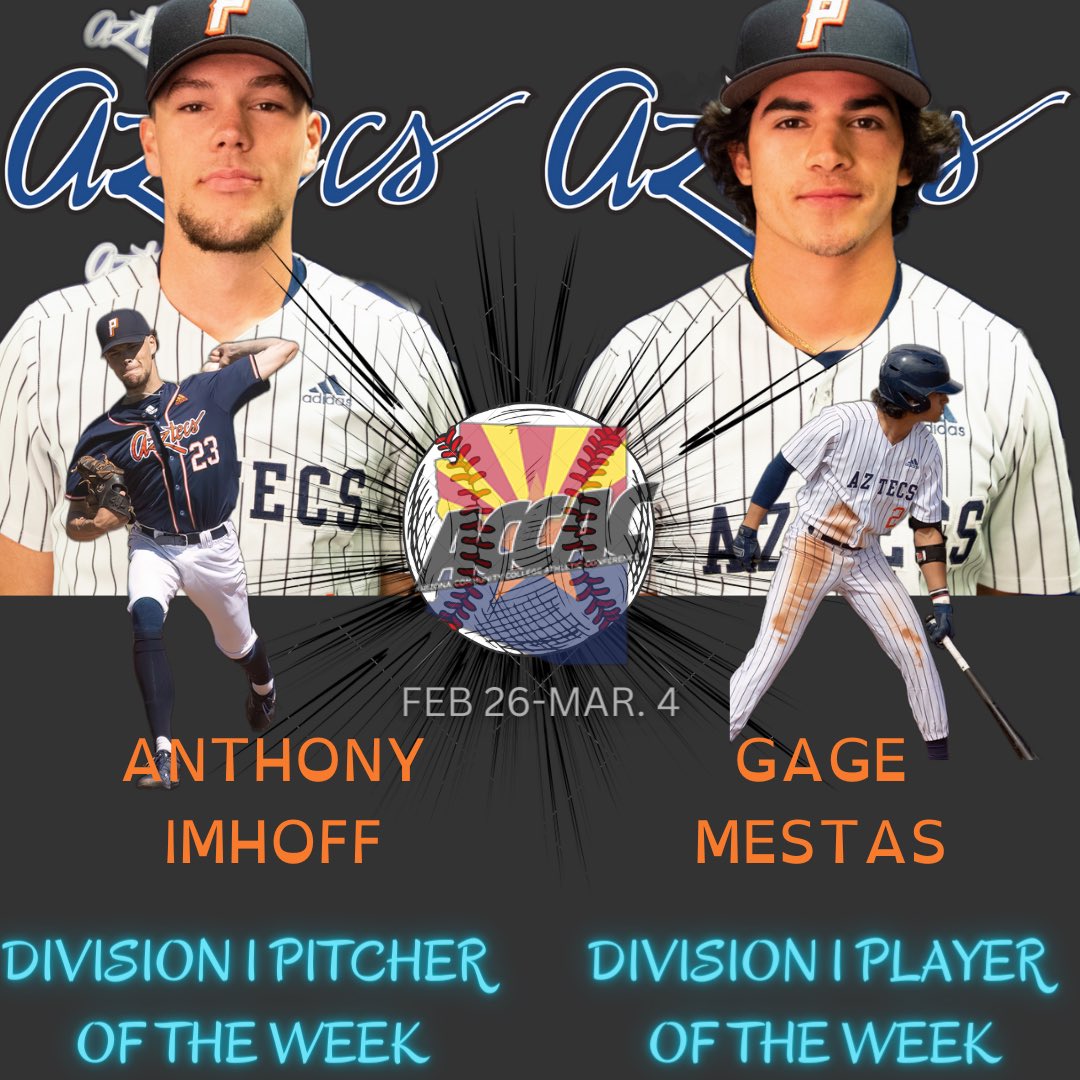 PimaAthletics's tweet image. Congrats to Aztecs @BaseballPima LHP Anthony Imhoff, NAMED ACCAC DIVISION I PITCHER OF THE WEEK and OF Gage Mestas on his ACCAC DIVISION I PLAYER OF THE WEEK selection. Photos by Danielle Main and Stephanie van Latum #PimaBaseball #AztecTough
pimaaztecs.com/sports/bsb/202…
