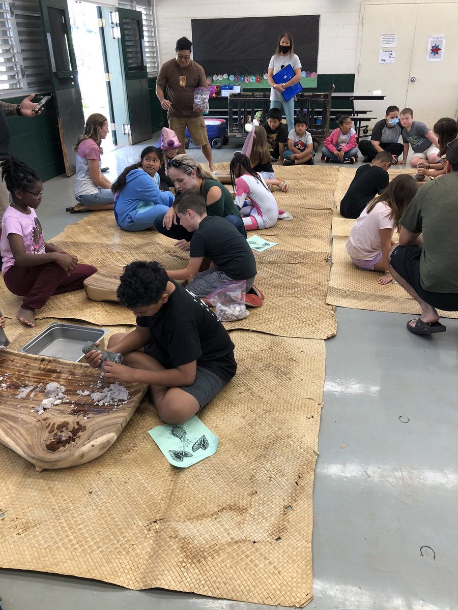 #WeblingEl ,Gr. 4 Lo’i project moves onto day 2 with poi pounding with what was harvested.  Hands on activities for parent volunteers and students.  #NaPueo , #poipunding , #Lo’i