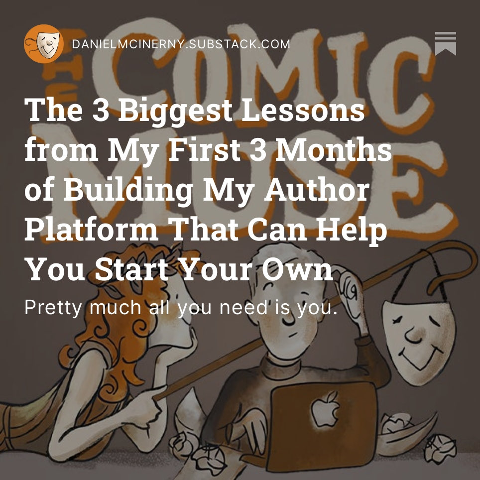 The 3 Biggest Lessons from My First 3 Months of Building My Author Platform That Can Help You Start Your Own

Thanks ⁦@dickiebush⁩ ⁦@Nicolascole77⁩ and @dankoe for the inspiration!

#authorplatform #amwriting #newwriter #solopreneur #entrepreneur #onlinewriting