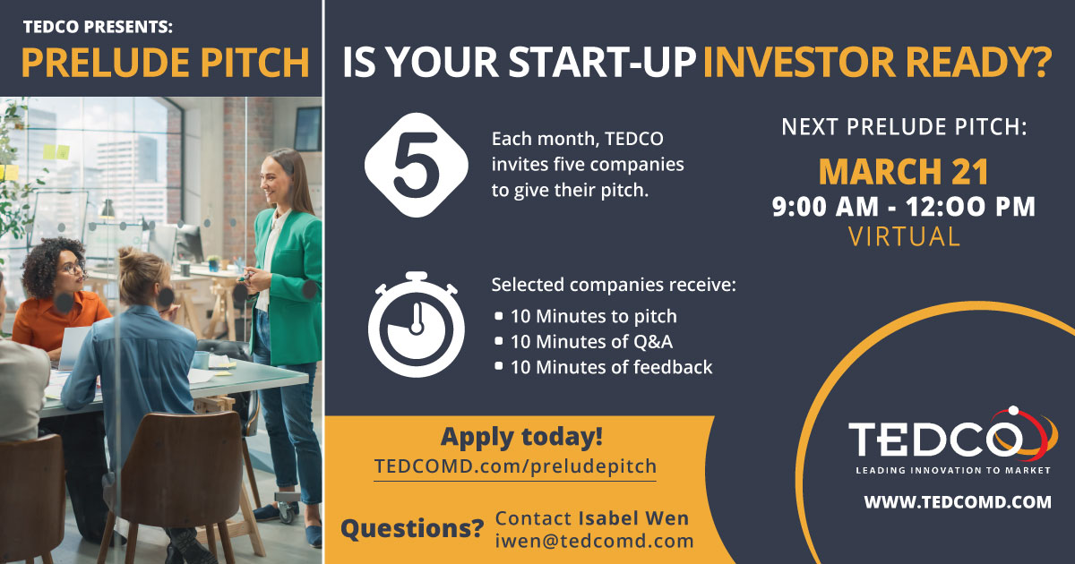 MDTEDCO's tweet image. #event 3/21: Is your start-up investor ready? Join us 3/21 for @MDTEDCO&apos;s virtual Prelude Pitch. Entrepreneurs will practice their pitch in front of  experienced mentors to receive feedback. 

Apply today: tedcomd.com/resources/entr…

#preludepitch #entrepreneur #startup #maryland
