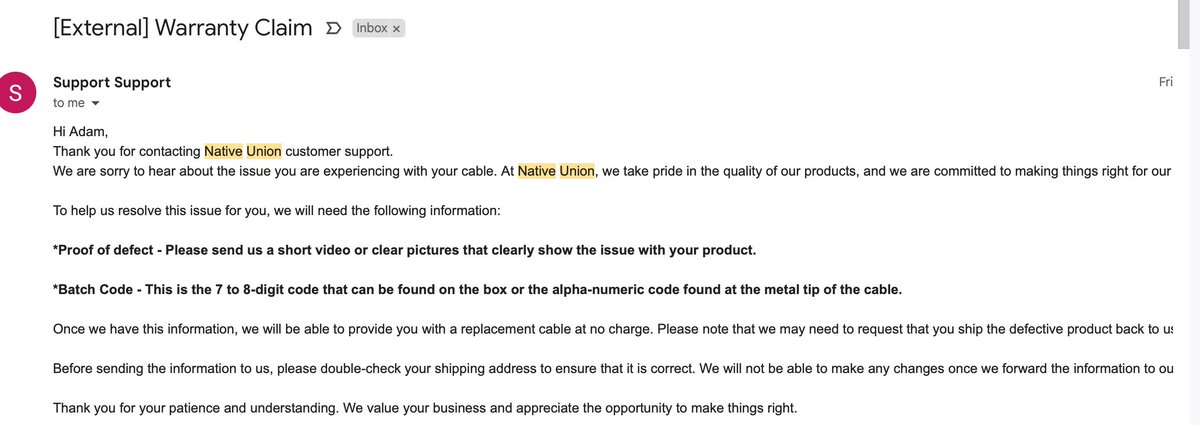 BenishFilms's tweet image. Part 1/3 @Native_Union is ignoring it's own 1 year guarantee. I purchased a charging device in October. This is an example of the length of wait and follow up I had to deal with their customer service.