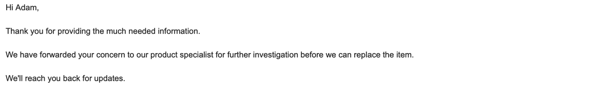 BenishFilms's tweet image. Part 1/3 @Native_Union is ignoring it's own 1 year guarantee. I purchased a charging device in October. This is an example of the length of wait and follow up I had to deal with their customer service.