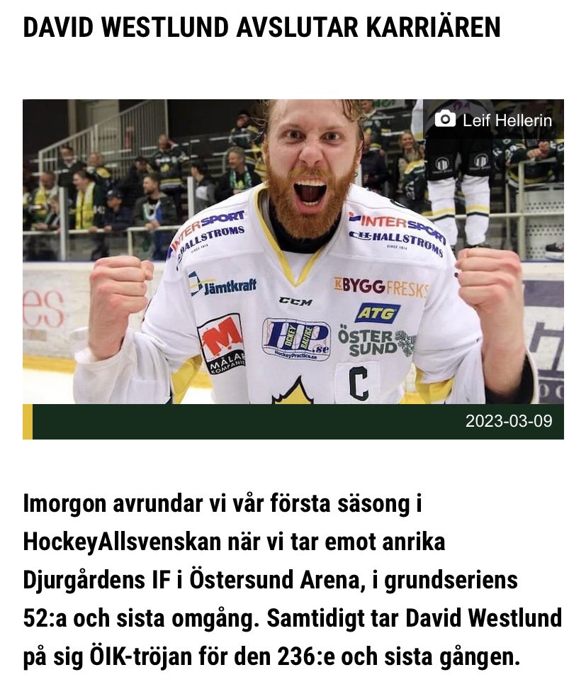 Vår backgeneral David Westlund har valt att avsluta sin hockeykarriär och gör imorgon sin sista match i ÖIK-tröjan. En intervju med David kommer imorgon!

Läs mer här: ostersundik.com/article/r0f3al…