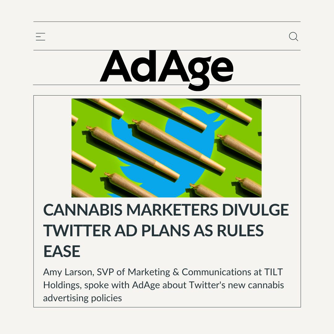 TILT_Holdings's tweet photo. Our SVP of Marketing and Communications contributed to the industry-wide conversation on Twitter’s new cannabis ad policy in a recent @AdAge feature. 

Full details: https://t.co/9Ufsqi4mZd

$TILT $TLLTF https://t.co/QO3rJngBCl