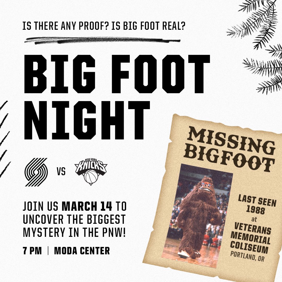 NABigfootCenter's tweet image. Come say hello at the @blazer_fans game on March 14th. We’ll be there sharing information and evidence both in person and on screen!  It’s Bigfoot Night at the #ModaCenter!