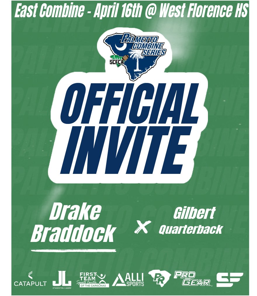 Congratulations on being selected to the Senior Palmetto Combine Series! See you in Florence at West Florence HS on April 16th at 8:30am
#Palmetto23 #Emailtofollow #EastCombine

<a href="/gilbert_indians/">Gilbert Indians Football</a> <a href="/BrendenBoatwri1/">Brenden Boatwright</a> <a href="/caleb_strese/">Caleb Strese</a> <a href="/drake_braddock/">Drake Braddock</a>

Pre-Register:
zfrmz.com/rShWE4wcaPYaGb…
