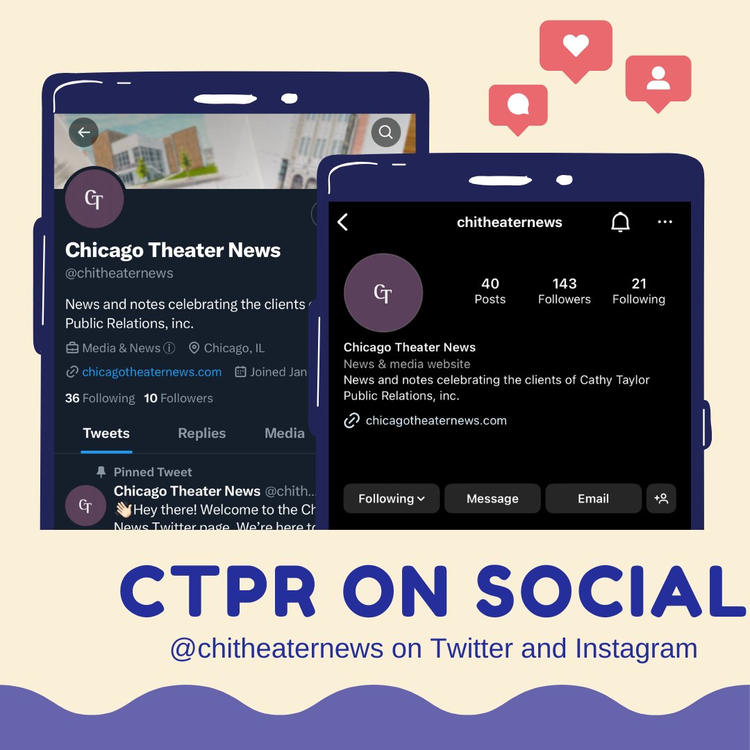 Cathy Taylor PR (@cathytaylorpr) on Twitter photo Hi there! CTPR recently remodeled its social media pages with brand new profiles & I would love for my friends to follow along.
Find us at <a href="/chitheaternews/">Chicago Theater News</a>
Visit chicagotheaternews.com to find features, photos, and more celebrating the clients of Cathy Taylor Public Relations. Hi there! CTPR recently remodeled its social media pages with brand new profiles & I would love for my friends to follow along.
Find us at <a href="/chitheaternews/">Chicago Theater News</a>
Visit chicagotheaternews.com to find features, photos, and more celebrating the clients of Cathy Taylor Public Relations.