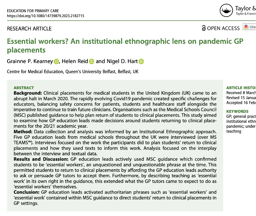 Delighted to share our new publication “Essential workers? An institutional ethnographic lens on pandemic GP placements”, co-authored with @nigelhart and @DrHelenReid