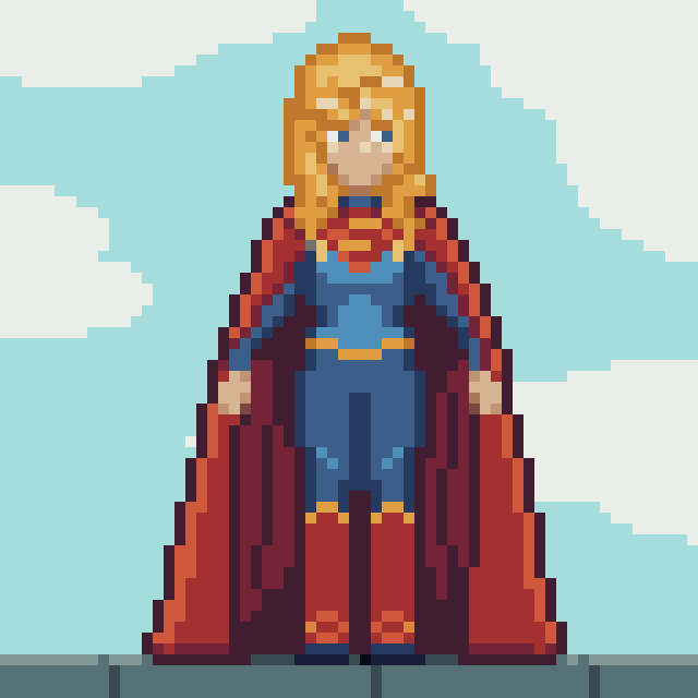 the_foxhound's tweet image. #SideCharacter @Pixel_Dailies #pixel_dailies #pixelart Worked on a Robin that turned out ghastly enough for me to delete outright, so here's Supergirl standing overwatch.