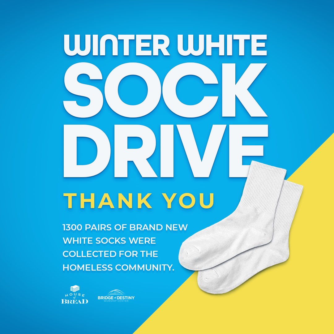 bridgeofdestiny's tweet photo. We are pleased to announce that a total of 1,300 brand new pairs of white socks were collected for the less fortunate in our community!
Thanks to all who participated and contributed to this amazing effort. Together, we are helping to meet the needs of people everywhere! 💙💛🧦 https://t.co/4cvYQcNSb1
