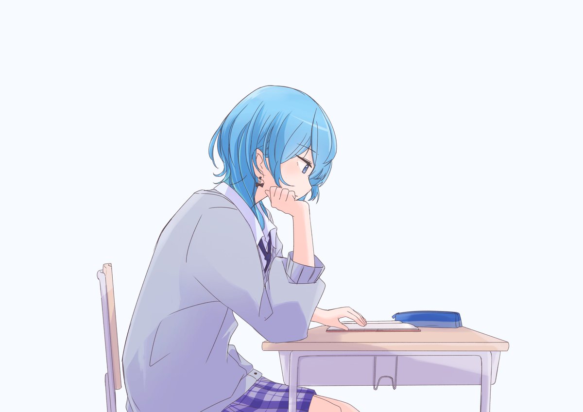 hoshimachi suisei 1girl solo desk blue hair sitting blue eyes school desk  illustration images