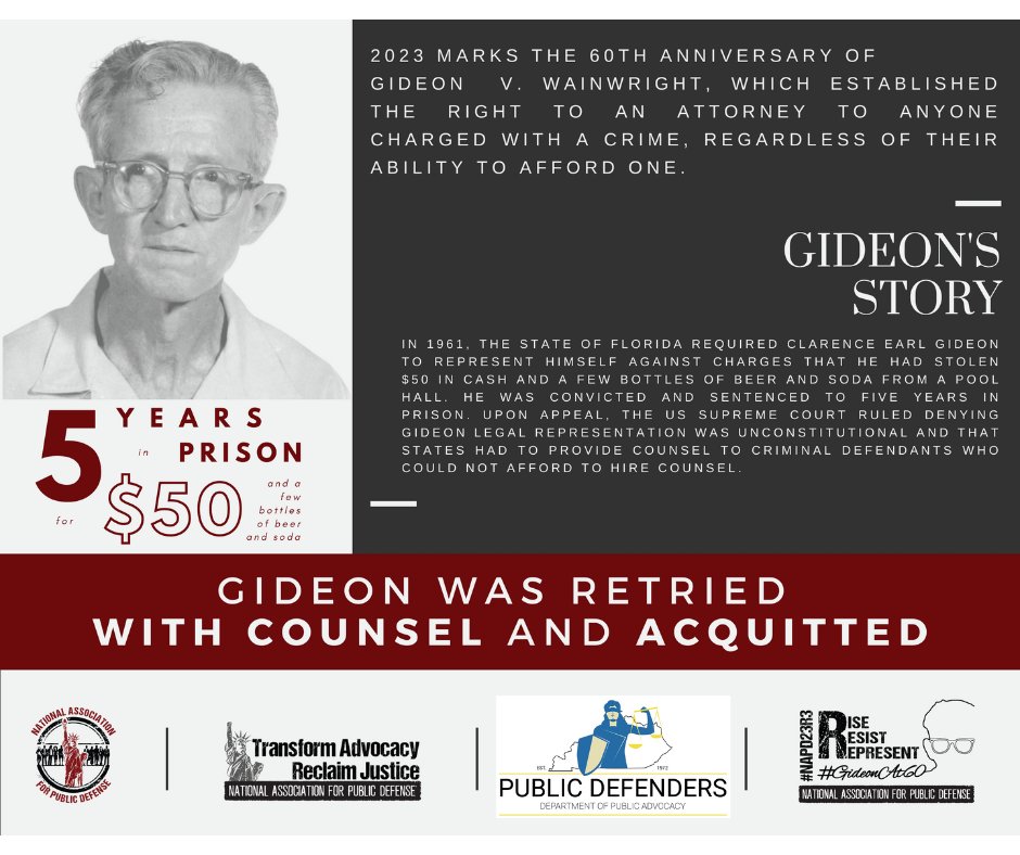 Happy National Public Defense Day! March 18 marks the 60th anniversary of Gideon v. Wainwright, celebrating the U.S. Supreme Court 9–0 ruling that states are required to provide an attorney for indigent people charged with a felony. #Gideon@60