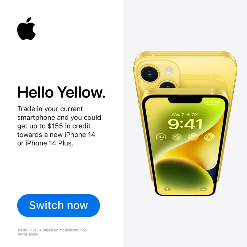 Apple's tweet photo. Introducing the newest member of the lineup. iPhone 14 and iPhone 14 Plus—now available in yellow.