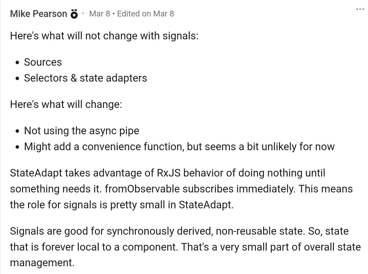mfpears's tweet photo. #Angular signals will not cause any fundamental changes in #StateAdapt for the foreseeable future.
I might add a convenience function for consuming stores, but only if signals can be created inside a proxy's get handler, which SolidJS did not handle well. It may have only been a problem when used inside JSX expressions though.