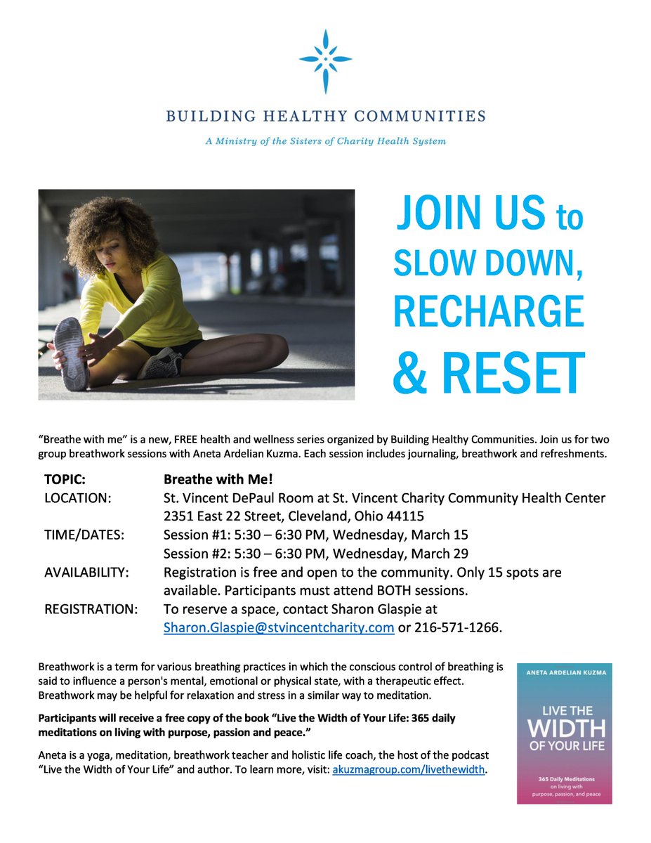 Join Building Healthy Communities to slow down, recharge and reset. “Breathe with me” is a new, FREE health and wellness series on 3/15 &amp; 3/29. See the image for more info. &amp; to RSVP or click here: facebook.com/BuildingHealth…