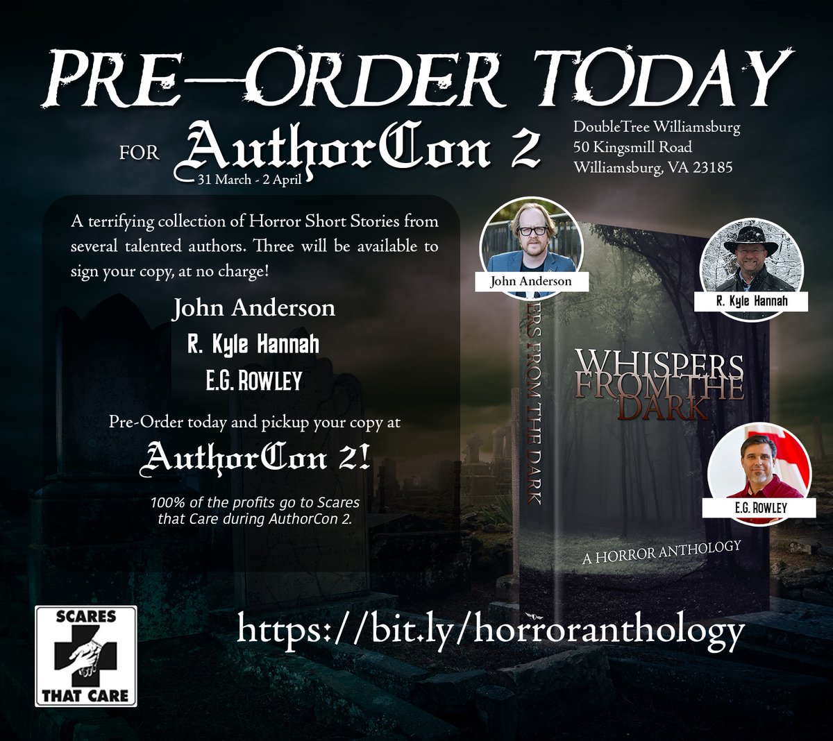 Join Jumpmaster Press, with special guests @ShimermanArmin @JohnAndersonTTM @rkylehannah & @Egrowley at @ScaresThatCare later this month! Going to the con? You can pre-order a copy of our Horror Anthology WHISPERS FROM THE DARK and pick it up at the convention. See you there!