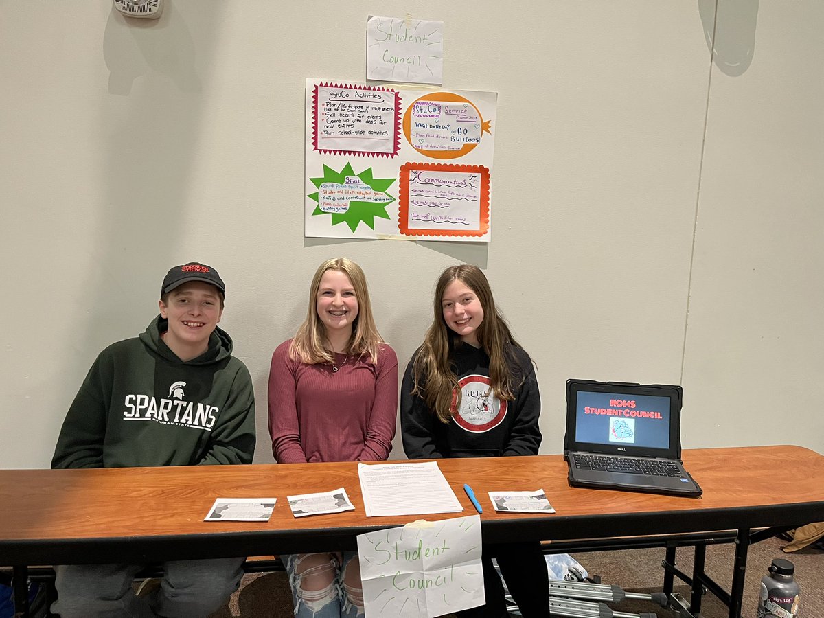 MrsPotterack's tweet photo. We are here at the ROMS Club Showcase, sponsored by ROMS Student Connectors! We’d love to speak with you about all things StuCo!

Left - Leighton Kelly, Vice President
Middle - Alex Pullen, President
Right - Amelia Morris, 8th Grade Member At Large 

#ROMSStuCo #bulldogproud https://t.co/0CXunlWujX