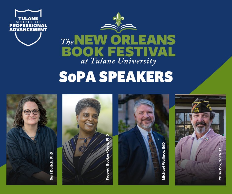 TulaneSoPA's tweet photo. The #NolaBookFest kicks off today with a stacked 📚 schedule of panel discussions, keynote lectures, book fairs and workshops! Read more about the two sessions on Friday featuring #TulaneSoPA faculty and alumni here. 👉 https://t.co/Fh7NrFQvVR. https://t.co/wEB3Brftlg