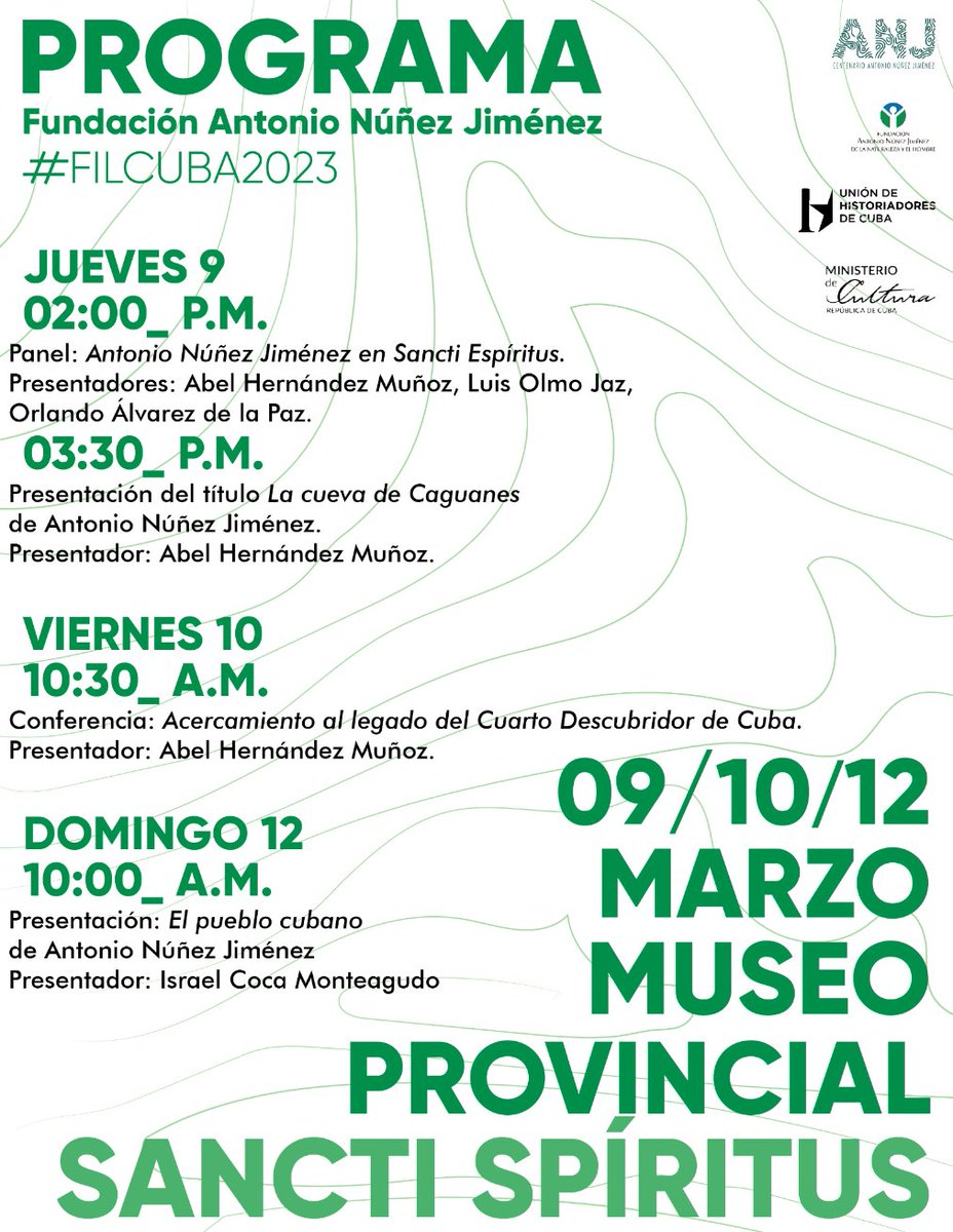 Continúan nuestras actividades durante la 31 Feria del Libro📚, en esta ocasión desde Sancti Spíritus.
La sede de nuestros eventos será el Museo Provincial. Realizaremos varias presentaciones de libros y conferencias, dedicadas al Centenario del Dr. Antonio Núñez Jiménez.