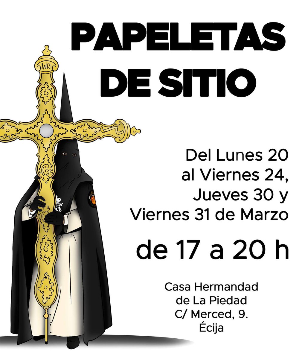 PAPELETAS DE SITIO.

Del lunes 20 al Viernes 24, Jueves 30 y Viernes 31 de marzo en horario de 17:00h a 20:00h, en nuestra Casa Hermandad.