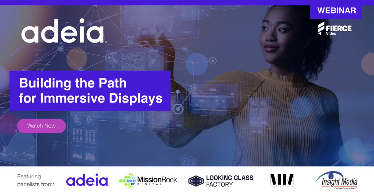 Don’t miss our webinar, "Building the Path for Immersive #Displays", with Tao Chen, V. Michael Bove from ModernMirror, Pete Ludé from Mission Rock Digital LLC, Shawn Frayne from Looking Glass &amp; Chris Chinnock from Insight Media.

Watch now:  adeia.com/webinar/webina…