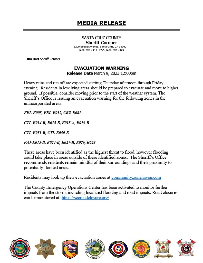 Due to likely flooding, low-lying areas in Santa Cruz County have been placed in an evacuation warning, including Felton Grove, Paradise Park, Soquel Village, Rio Del Mar Flats, and areas along Corralitos Creek including the College-Lake-Holohan area.