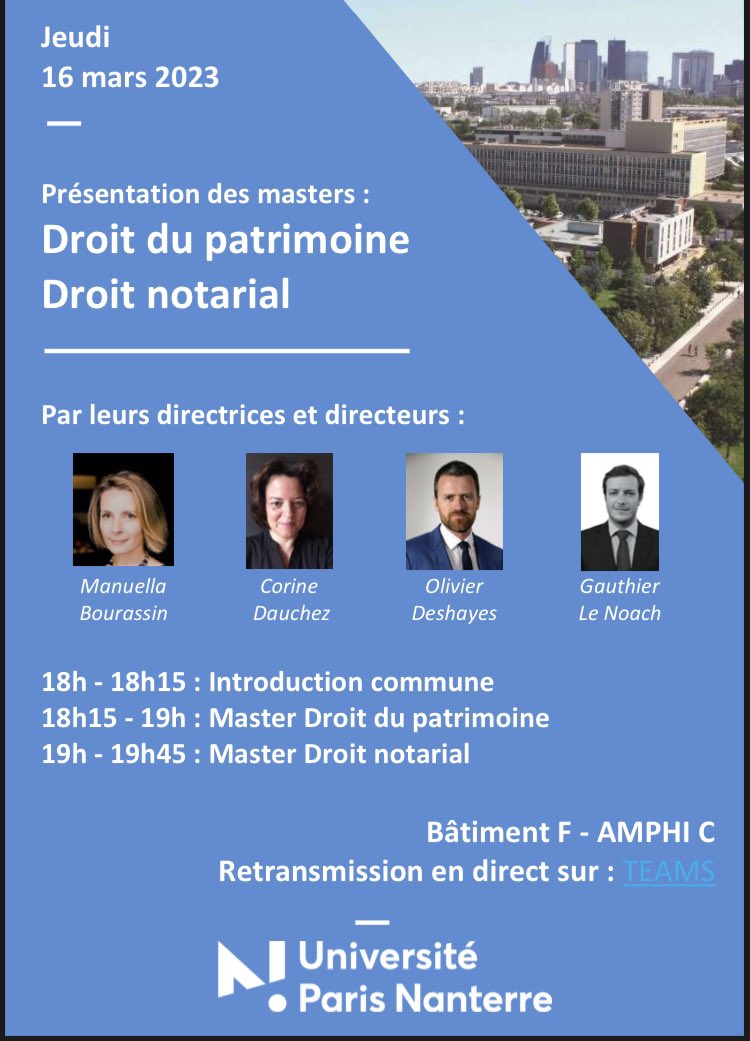 J-3 avant la Semaine des Masters
Voici un lien pour suivre en ligne la présentation des Masters Droit Notarial (<a href="/CorineDauchez/">Corine Dauchez</a> et <a href="/BourassinM/">Bourassin Manuella</a>) et Droit du Patrimoine  (Olivier Deshayes et Gauthier Le Noach) 

teams.microsoft.com/l/meetup-join/…
