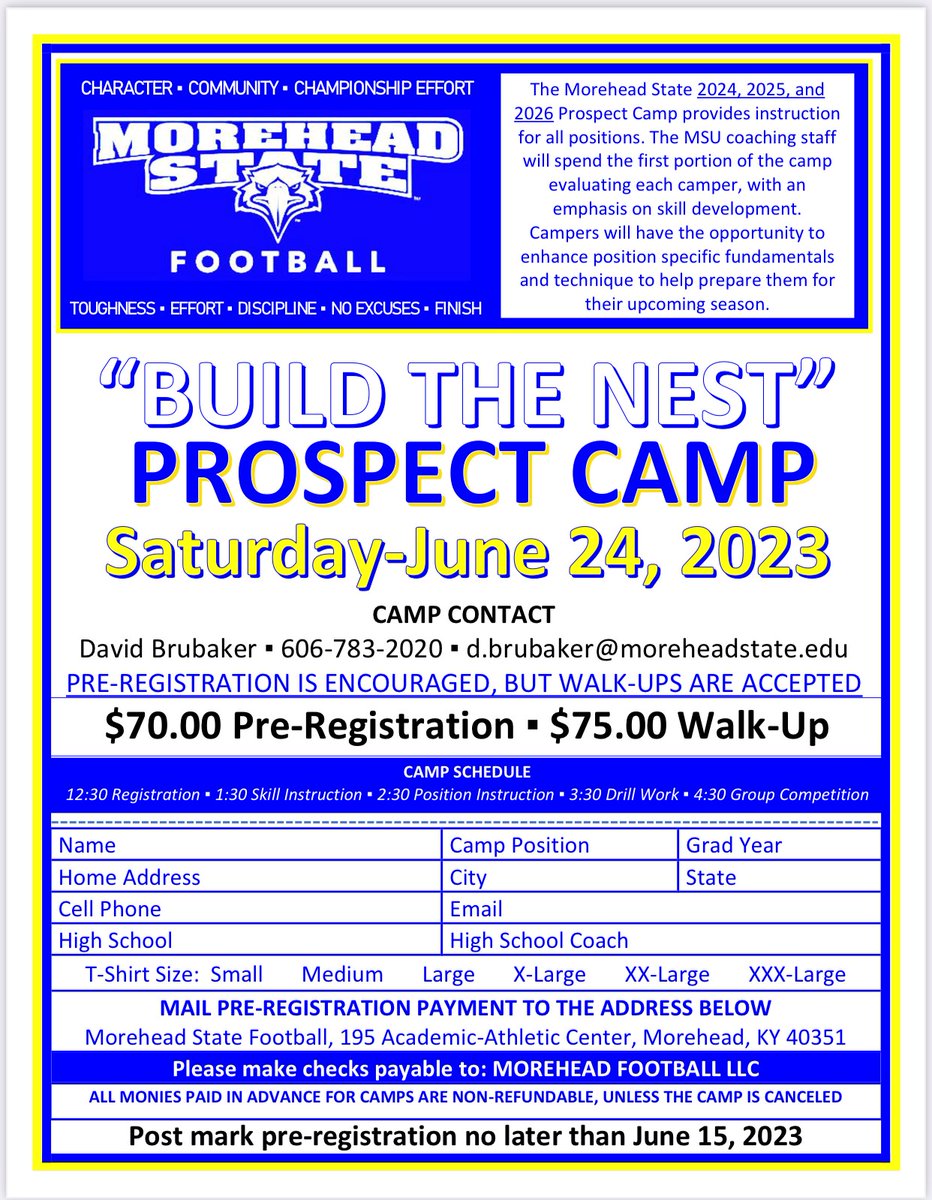 MSUEaglesFB's tweet photo. 🚨EVENTS TO LOOK FORWARD TO!🚨

2⃣4⃣ JUNIOR DAY: Saturday - April 22nd, 2023

PROSPECT CAMP 1⃣: Saturday - June 24th, 2023

PHIL SIMMS COMPLETE SKILLS CAMP:
June 28th - 30th, 2023

More information to come! @MSUEaglesFB @PhilSimmsQB #SoarHigher https://t.co/vNyPbZGV25