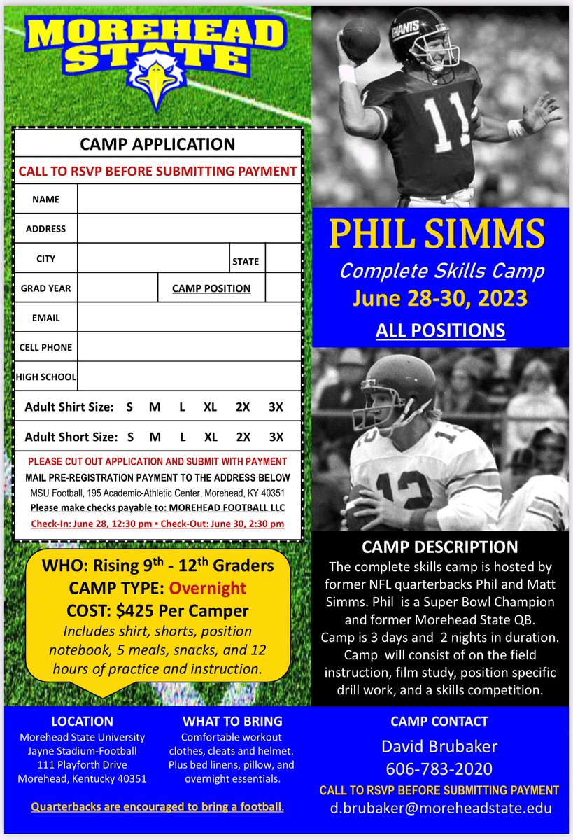 MSUEaglesFB's tweet photo. 🚨EVENTS TO LOOK FORWARD TO!🚨

2⃣4⃣ JUNIOR DAY: Saturday - April 22nd, 2023

PROSPECT CAMP 1⃣: Saturday - June 24th, 2023

PHIL SIMMS COMPLETE SKILLS CAMP:
June 28th - 30th, 2023

More information to come! @MSUEaglesFB @PhilSimmsQB #SoarHigher https://t.co/vNyPbZGV25