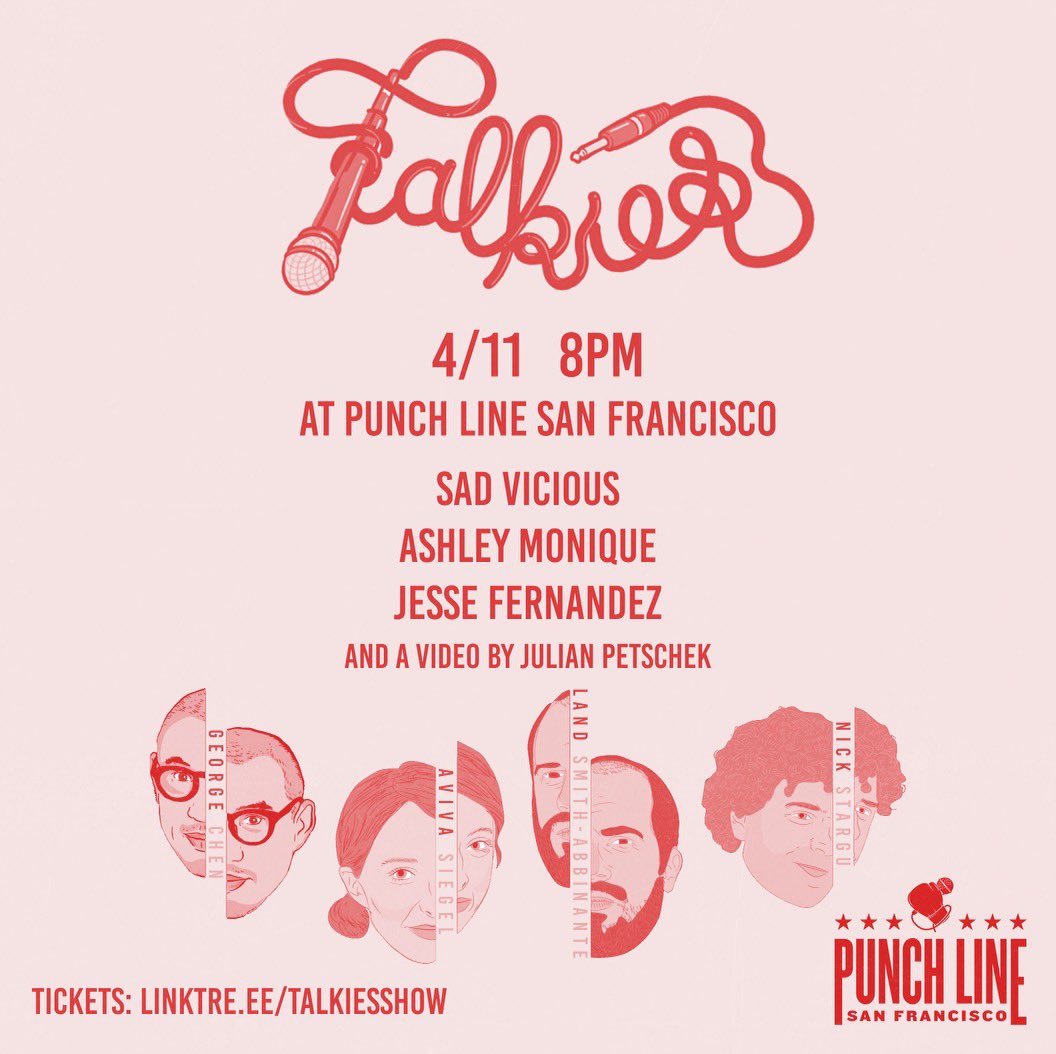 Talkies is coming back to the Bay with two✌️killer lineups!

🏞️ Sac Comedy Spot 4/10:
-Sad Vicious
-Becky Lynn
-Jesse Fernandez 

🌉SF Punch Line 4/11:
-Sad Vicious
-Ashley Monique
-Jesse Fernandez

🎟️ Ticket link in bio!