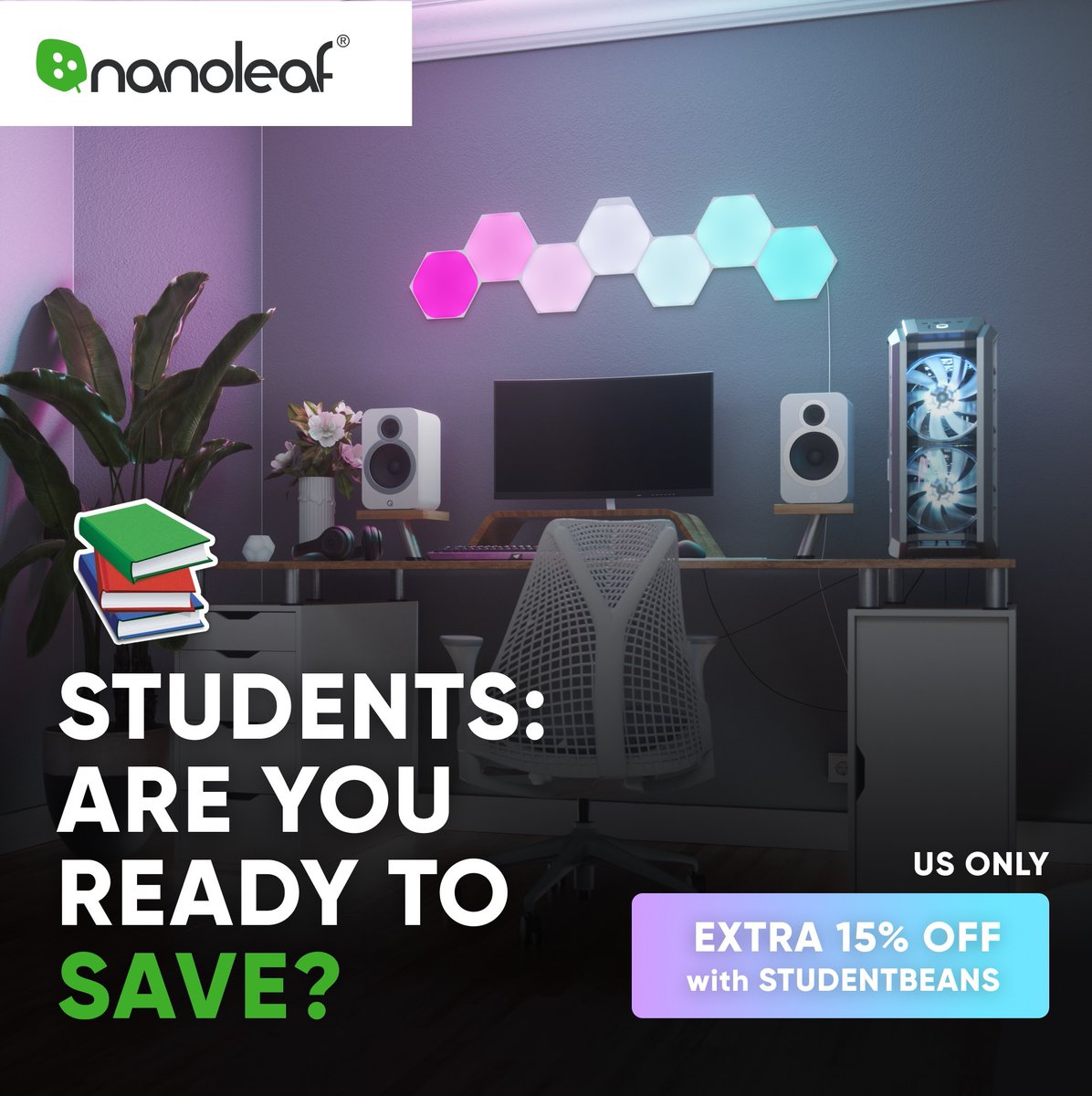 nanoleaf's tweet image. ‼️ATTENTION ALL STUDENTS📚💚‼️

Save an EXTRA 15% (up to 50% OFF) Nanoleaf lights with StudentBeans!

SHOP NOW: connect.studentbeans.com/v4/hosted/nano…

(US ONLY)

#nanoleaf #studentbeans #smartlights #studentdiscount