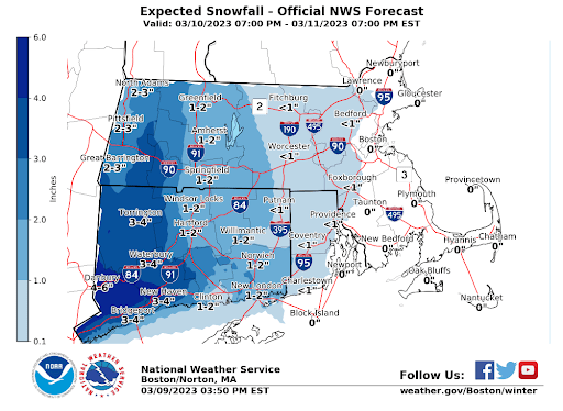 NWSBoston's tweet photo. Accumulating snowfall is expected for western MA/CT mainly west of the CT river valley. Timing for snow is Friday night after the evening commute and ending mid Saturday morning.  Untreated roads may become snow covered and slick especially across the high terrain.  #MAWX #CTWX https://t.co/4qMxj0BaFn