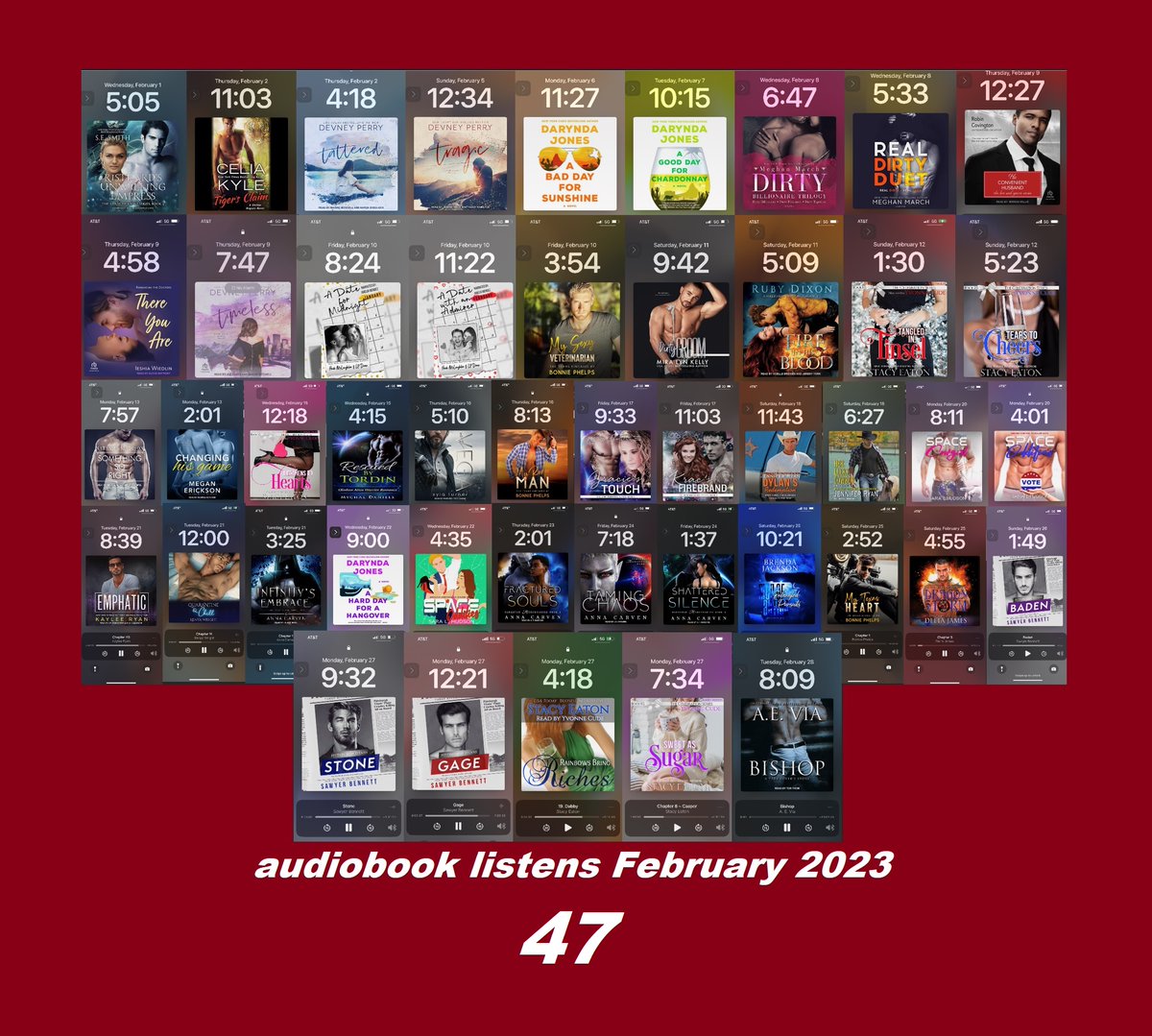 Junkie_of_Books's tweet photo. Binge Listens this February 2023
CHECK THE LIST OF EACH AUDIOBOOK TITLE, AUTHOR, NARRTOR(S):
https://t.co/R1A1hCr03S
#2023AudiobookChallenge #SciendFictionAlienRomance #Romance #Ficiton #Audio #CaffeinatedPR #Audiobooks #CozyMysteries #SmallTownRomance #Shifters https://t.co/kyWem8mRv4