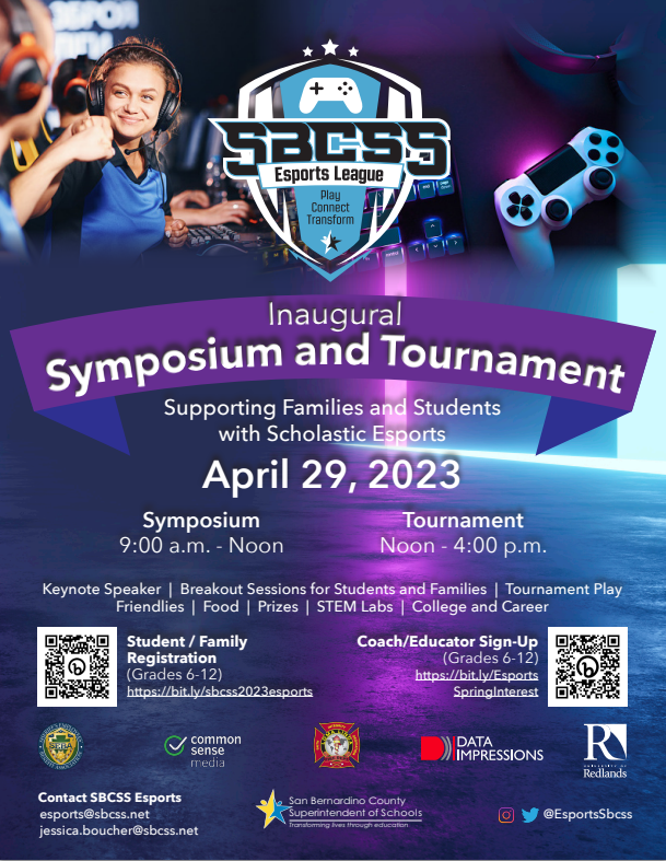 Join the Inaugural SBCSS Esports Symposium & Tournament, 4/29/23. Open to students, families, & educators. Join for breakout sessions, celebrations, prizes, & tournament play. Space is limited. Register ASAP to secure a spot! Student/Family Registration: bit.ly/sbcss2023espor…