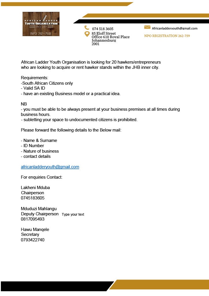 Hawu_Manqele's tweet image. We are Recruiting...If you are youth and have an informal/formal business this is for you.Let our Organisation help you in the inner city of Johannesburg. #smmedevelopment #africanladderyouth