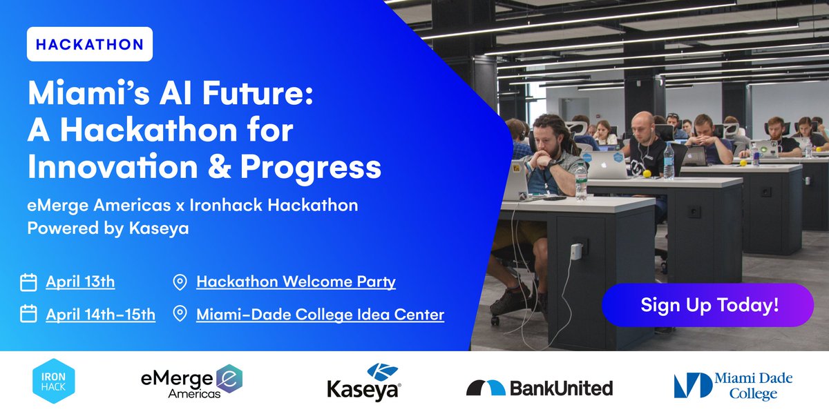 Exciting news! Register for Miami's AI Future, the official hackathon of @eMergeAmericas, in partnership with @Ironhack and powered by @KaseyaCorp. Don't miss out! Sign up here: lp.ironhack.com/emerge/hackath…