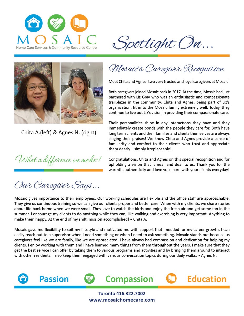 Highlighting our Mosaic Caregivers in action featuring Chita and Agnes Spotlight On....... #caregiversupport #homecare #homecaresupports #personcenteredcare #empathy #compassion #meaningfulconversation each and every day!