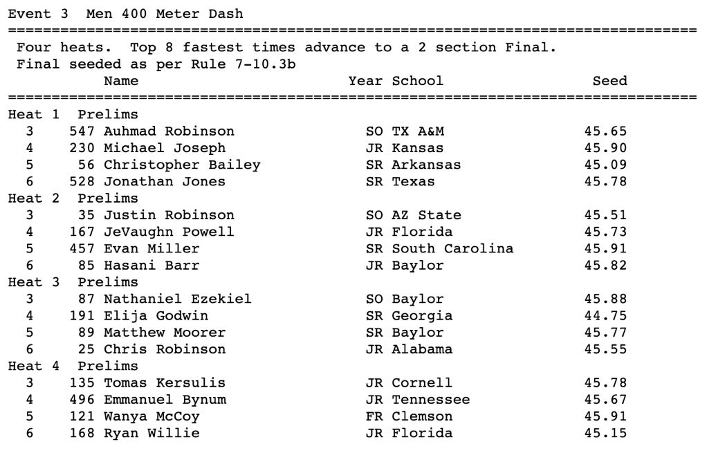 The men’s 400m heats for the Indoor #NCAA Track &amp; Field Championship have been posted. Looks like 46 stays home these days! Tomas Kersulis will be representing <a href="/CornellTFXC/">Cornell Track & Field / XC</a> <a href="/CornellSports/">Cornell Big Red</a> <a href="/IvyLeague/">Ivy League</a>  in heat 4! <a href="/NCAATrackField/">NCAA Track & Field</a>