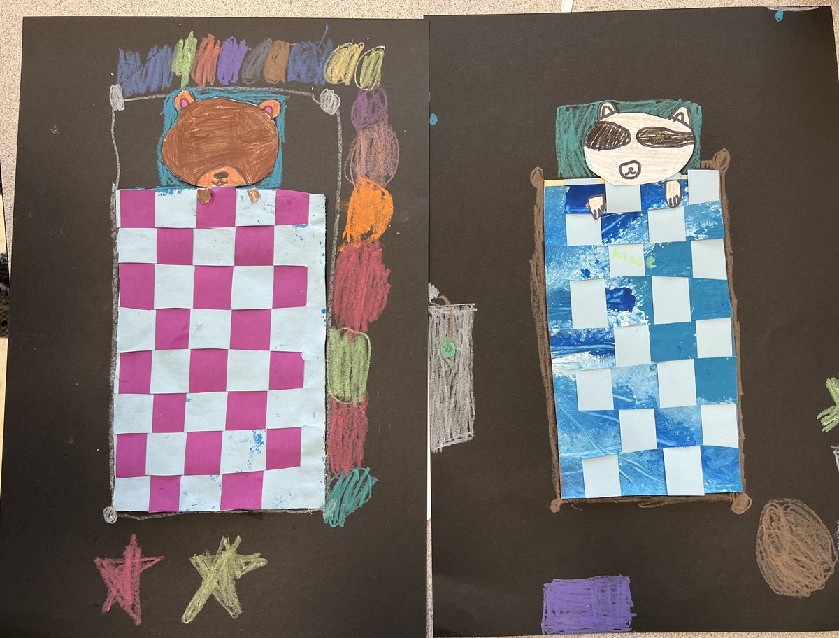 MrsSims7's tweet image. Second Grade artists have been busy! They painted paper, used that paper to make a loom and  wove a "quilt" on their loom. The quilt is for the hibernating animal that they created! @RiverRidgeElem