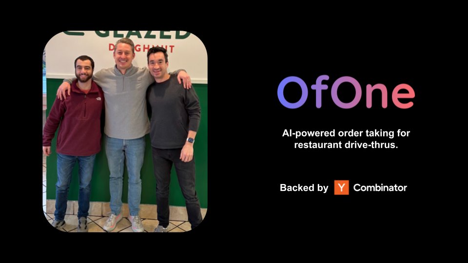 OfOneAI's tweet photo. We're excited to launch OfOne as a @ycombinator company!

We're building software to automate order taking at restaurant drive-thrus. Using LLMs, we're saving the typical owner $60k in annual labor costs per store - real financial relief for an industry struggling with inflation. https://t.co/Gcc1o0Qdre