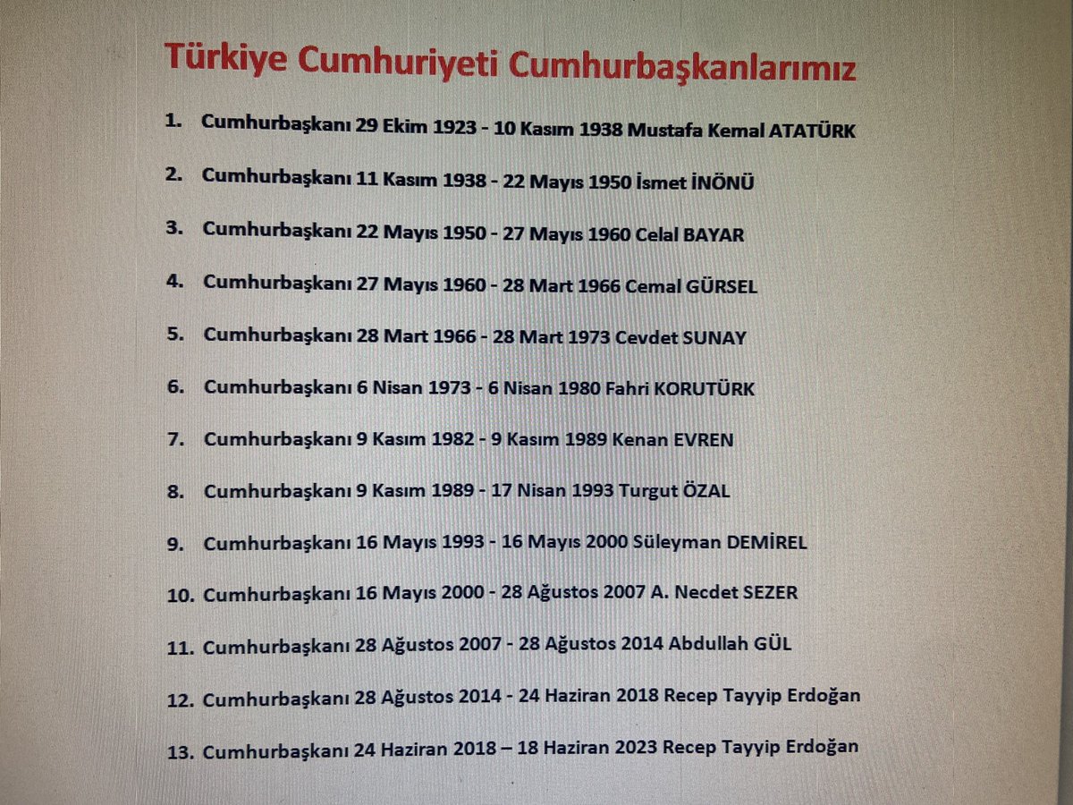 irfanuzunn's tweet photo. T.C Cumhurbaşkanlarımız aşağıdadır. Erdoğan 12. ve 13. Dönem Cumhurbaşkanıdır ve Anayasayagöre Bir kimse en fazla iki defa Cumhurbaşkanı seçilebilir.  Şimdi seçilecek olan Cumhurbaşkanı 14. Cumhurbaşkanı adayıdır. Millet İttifakında Hukuk bilen birileri varmı diye merak ediyorum. https://t.co/lfFzrRH4iF