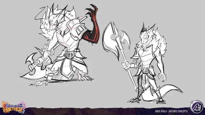 Concepts of Artemis from Dungeons of Aether!In 2019, I didn't often design tough lizard ladies, but I definitely learned on the job. 
