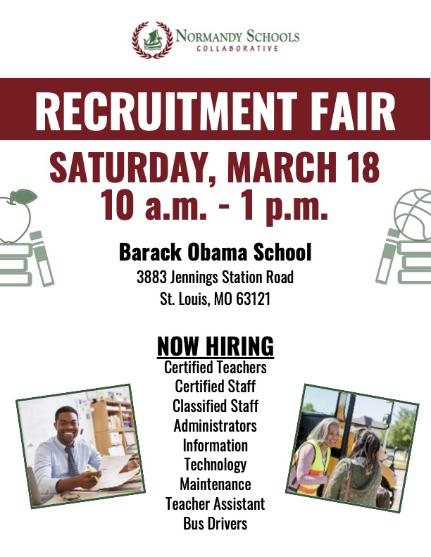 The Normandy Schools Collaborative is hiring and offering competitive pay, benefits, and retirement plans. NSC is hosting a recruitment fair on Saturday, March 18, at Barack Obama School, 3883 Jennings Station Road, from 10 am to 1 pm. #educationjobs #busdrivers #nowhiring