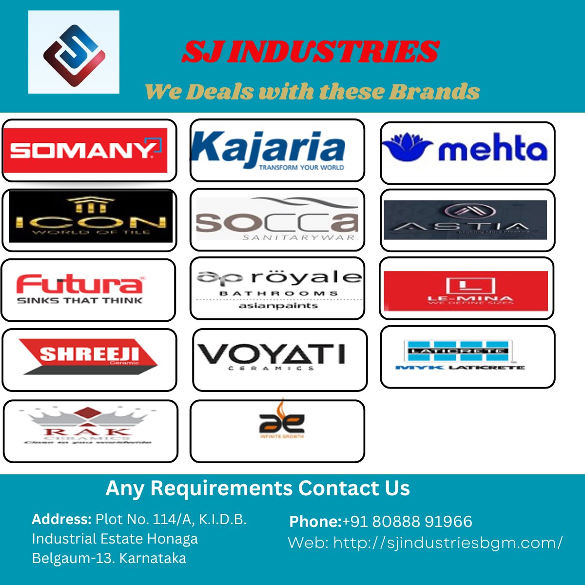 Brands we deals with...
visit: sjindustriesbgm.com
#tilescompanyinbelgaum #laminateddoors #ceramicdealersinbelgaum #sanitaryware #pavers #polishedtiles #vertifiedtiles #outdoortiles #sjindustriesbelgaum