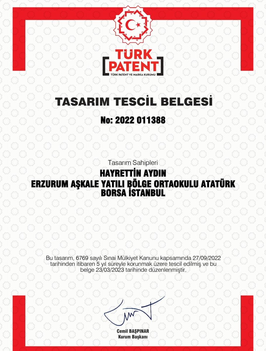 Tasarım Tescil Belgemizi aldık...
<a href="/karaloglu_murat/">Murat KARALOĞLU</a> 
<a href="/skaygusuz/">Salih Kaygusuz</a> 
<a href="/AGazioglu25/">Abdurrahman GAZİOĞLU</a>
@hayrettinaydn25
