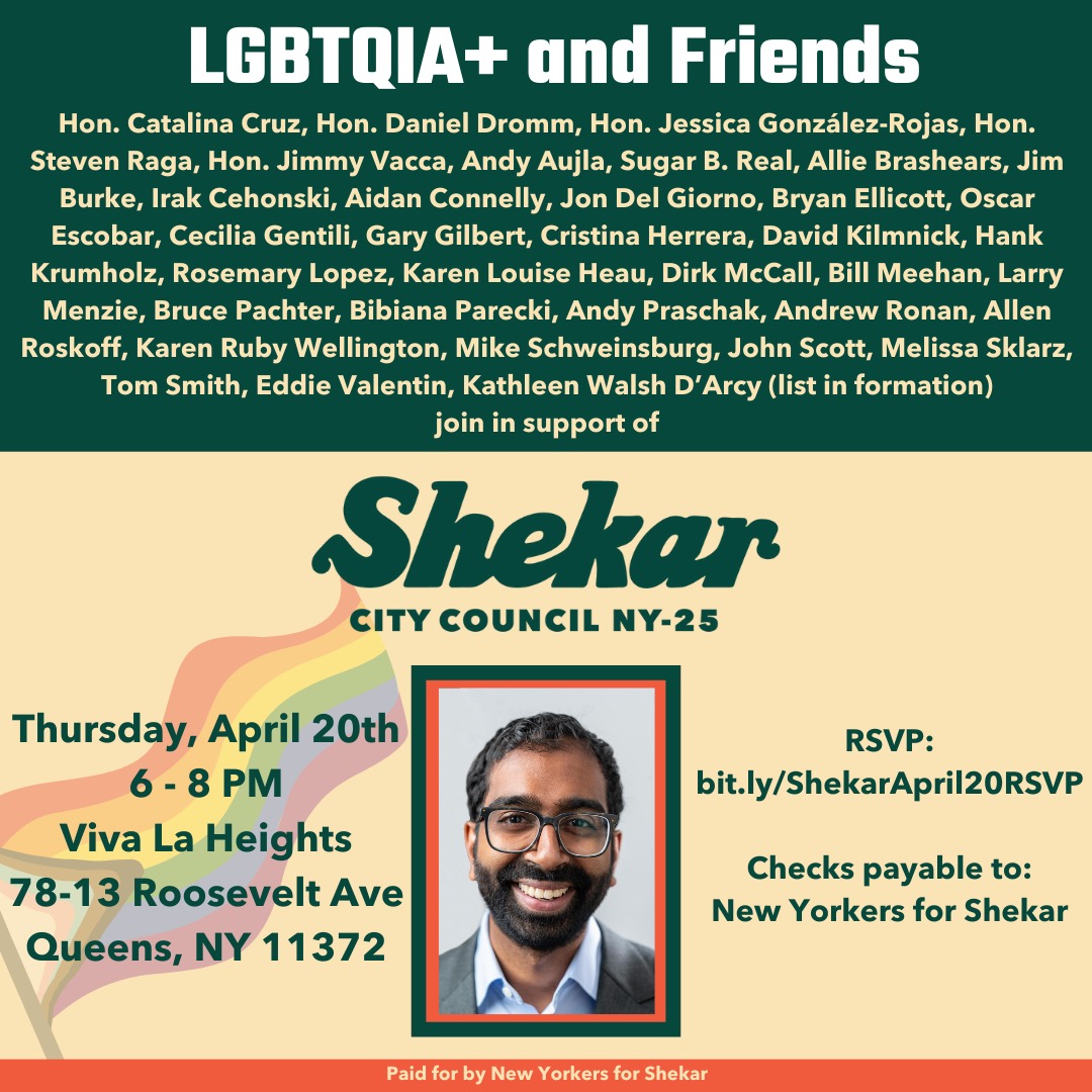 Join us on 4/20 in support of trailblazing council member <a href="/voteshekar/">Shekar Krishnan</a>, a champion for LGBTQIA+ rights and all New Yorkers.
RSVP here - bit.ly/ShekarApril20R…