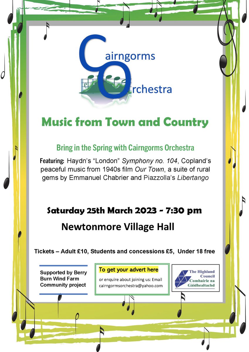 #Newtonmore folk! Get yourselves down to the hall tomorrow evening to hear the #Cairngorms’ very own local orchestra. Good range of music and under-18s free.
