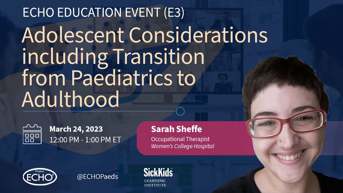 ECHOPaeds's tweet photo. Our 2-day #PedsPain Education Event wraps today with a talk by @SarahSheffe on "Adolescent Considerations including Transition from Paediatrics to Adulthood". Talk/discussion is open for all #HCPs - come join us. #ECHOEdEvent
March 24 | 12-1pm
Register➡️https://t.co/t27FEFi9OB https://t.co/AuurVxoqIq