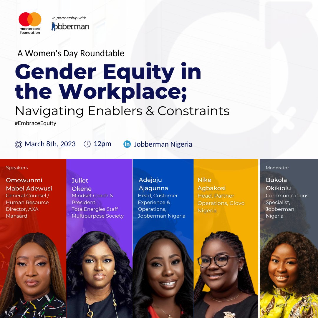 Jobbermandotcom's tweet photo. Looking for insight into the Enablers and Constraints of Gender Equity in the workplace?
Here’s an article that breaks down what our International Women’s Day Speakers had to say on the issue. #EmbracEquity.
Click the link below to enjoy
https://t.co/5od9j6QpOp https://t.co/a2EqiXVyXK